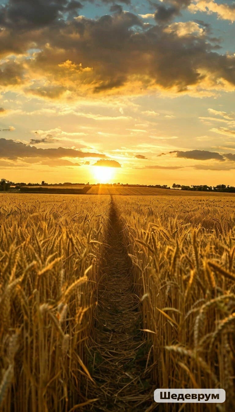 Ржаные поля, пшеничный теплый закат