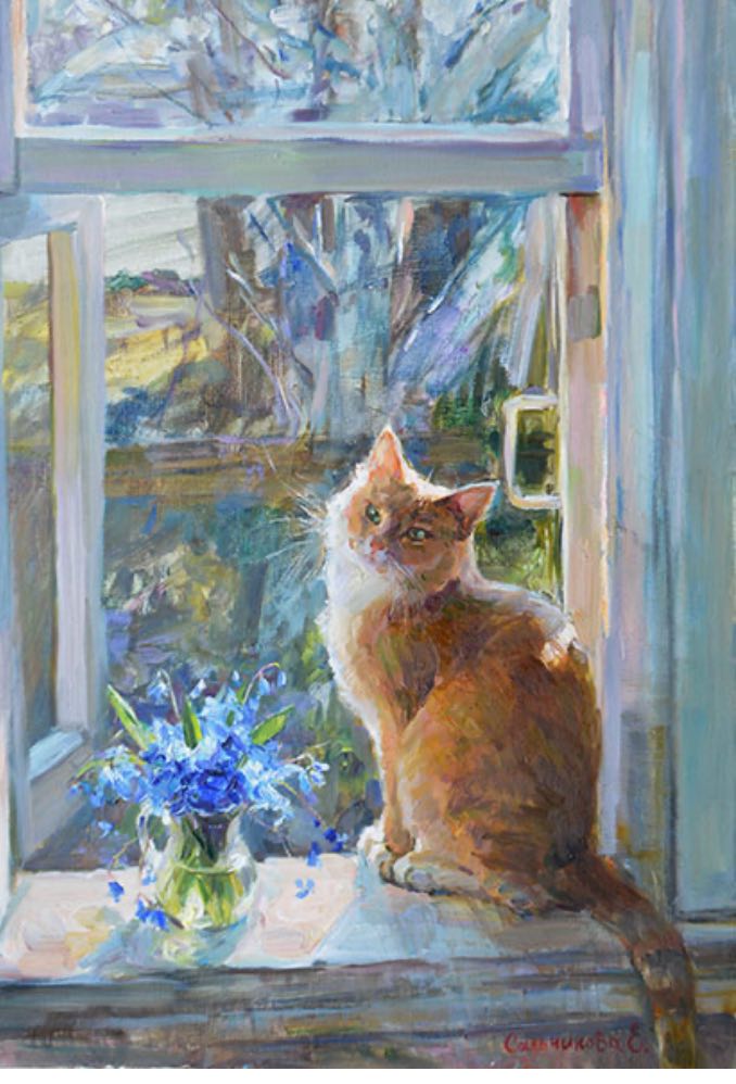 картина кошка на окне