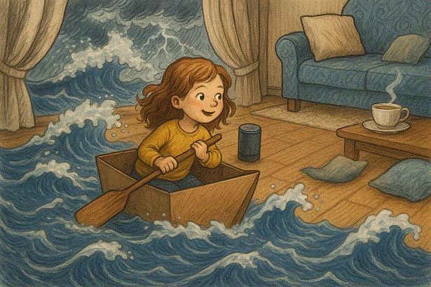 Картонный кораблик плывёт по паркету