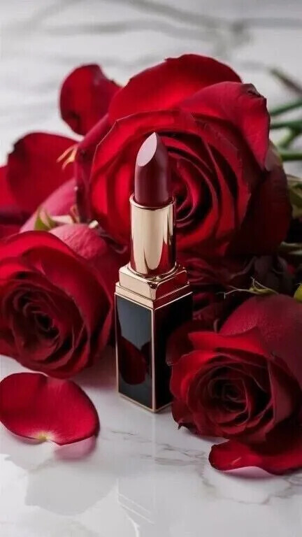 Красные розы к вишневой помаде